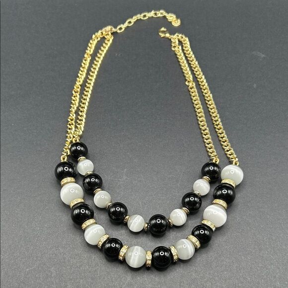 TALBOTS CHUNKY Double Strand Necklace, White Cats Eye, Black Beads, Gold Chain - Picture 1 of 6